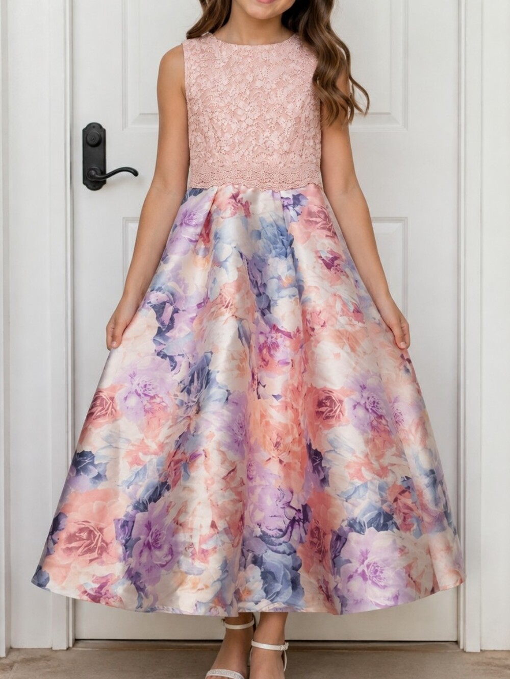 Girls' Pink Lace Bodice Floral Satin Skirt Dress Full Length